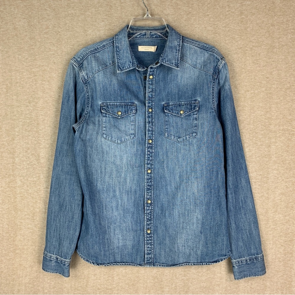 AllSaints Denim Shirt Mens Medium Blue Pearl Snap Western Cowboy Rodeo